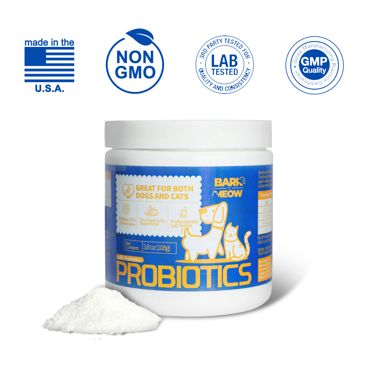 Bark And Meow Probiotics For Dogs & Cats  7 Tailored Strains  Prebiotics, Pumpkin & Carrot  5 Billion CFU Scoop Human-Grade Non-GMO, Vet-Approved Made In USA, Gut  Immune Support