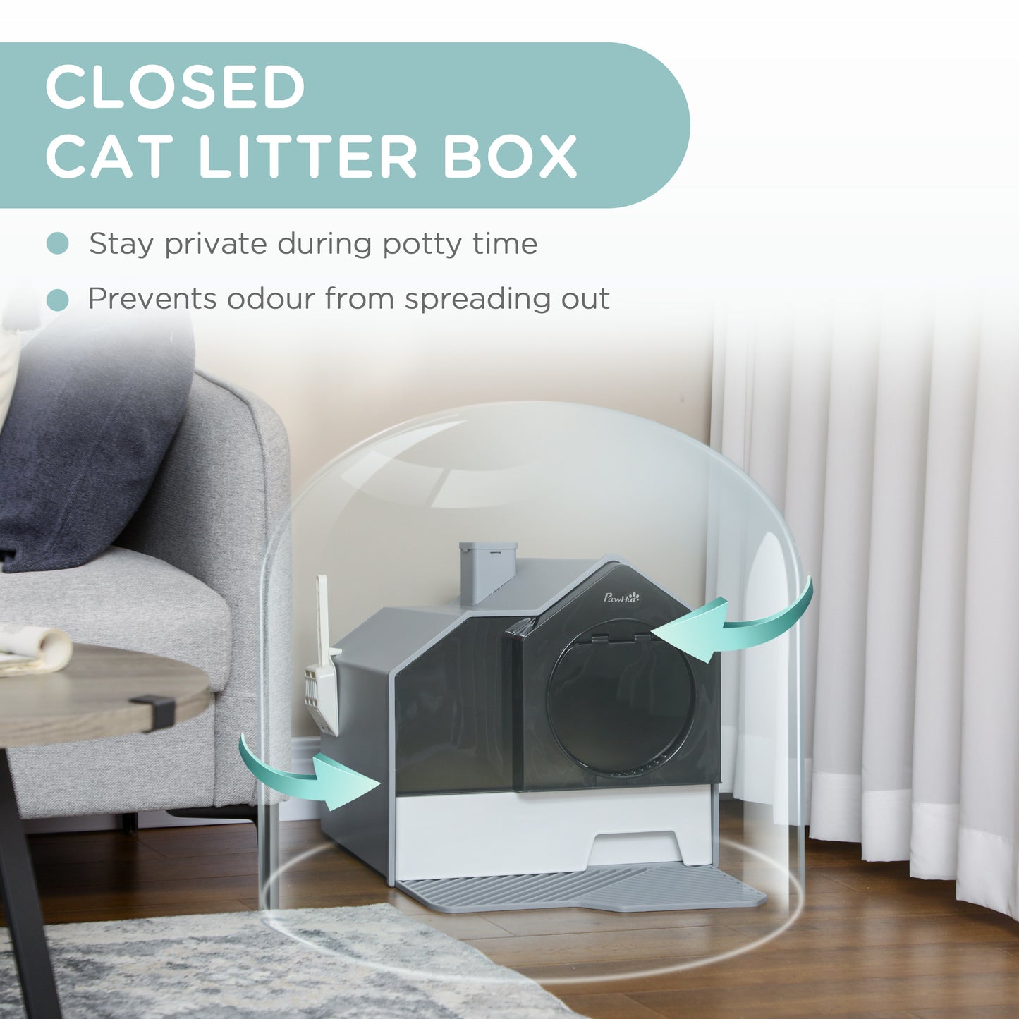 Hooded Cat Litter Box w/ Litter Mat, Litter Particle Catching, Gray