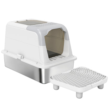 Extra Large Stainless Steel Litter Box, Enclosed Cat Litter Box with Scoop, Deodorizer Bag, Sand Drop Pedal