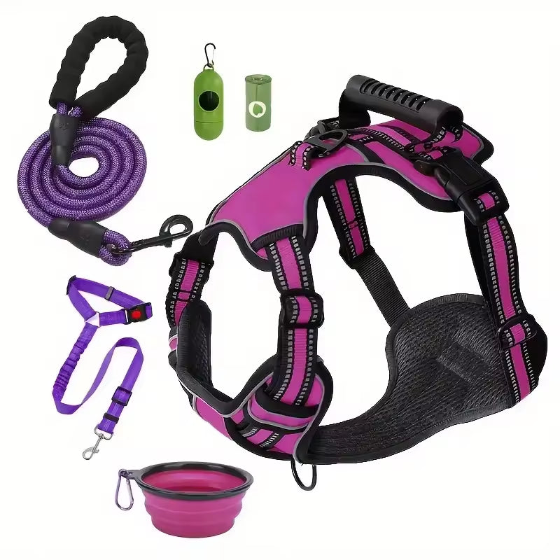 The Best Dog Harness, Tactical Service Dog Harness Strap Set, Car Seat Belt, Collapsible Bowl, Biodegradable Trash Bag Set For Dogs