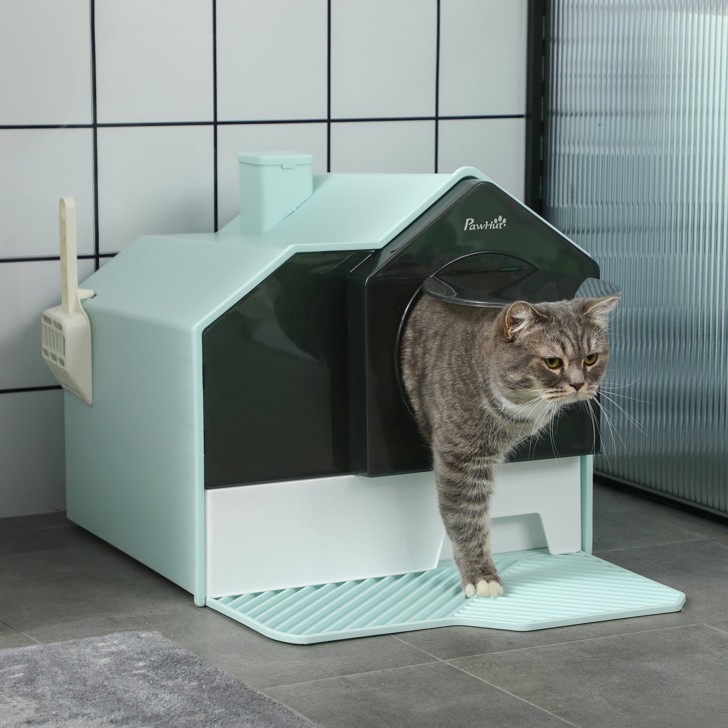 Hooded Cat Litter Box w/ Litter Mat, Litter Particle Catching,
