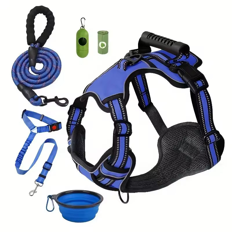 The Best Dog Harness, Tactical Service Dog Harness Strap Set, Car Seat Belt, Collapsible Bowl, Biodegradable Trash Bag Set For Dogs
