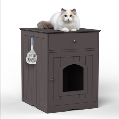 Wooden Pet House Cat Litter Box Enclosure With Drawer & Side Table