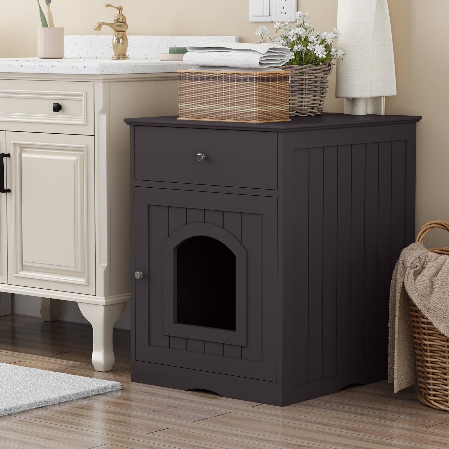 Wooden Pet House Cat Litter Box Enclosure With Drawer & Side Table