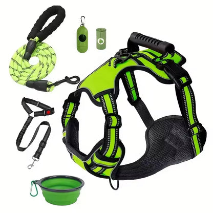 The Best Dog Harness, Tactical Service Dog Harness Strap Set, Car Seat Belt, Collapsible Bowl, Biodegradable Trash Bag Set For Dogs