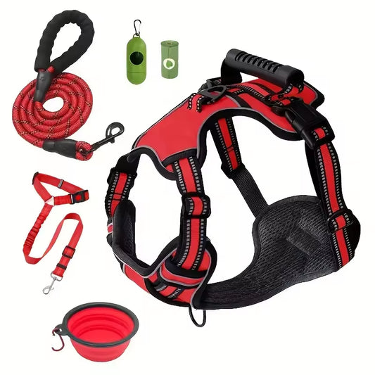 The Best Dog Harness, Tactical Service Dog Harness Strap Set, Car Seat Belt, Collapsible Bowl, Biodegradable Trash Bag Set For Dogs